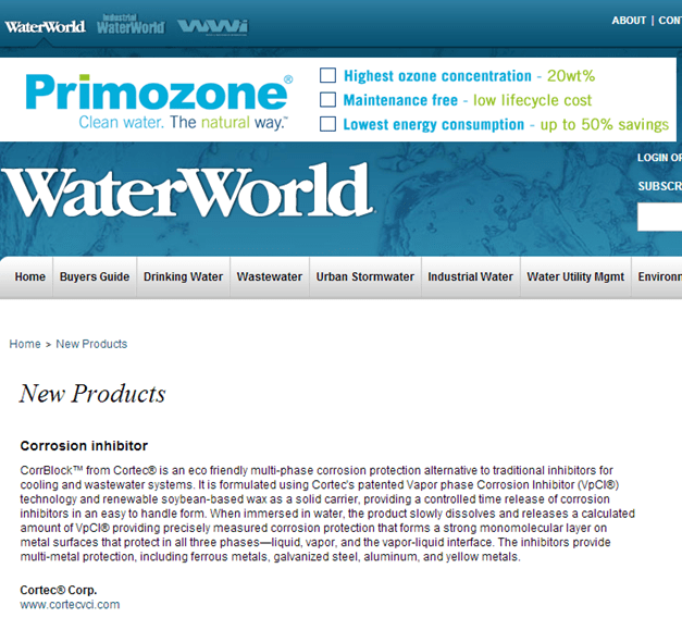 Corrblock In Water World Magazine - Cortec Corporation